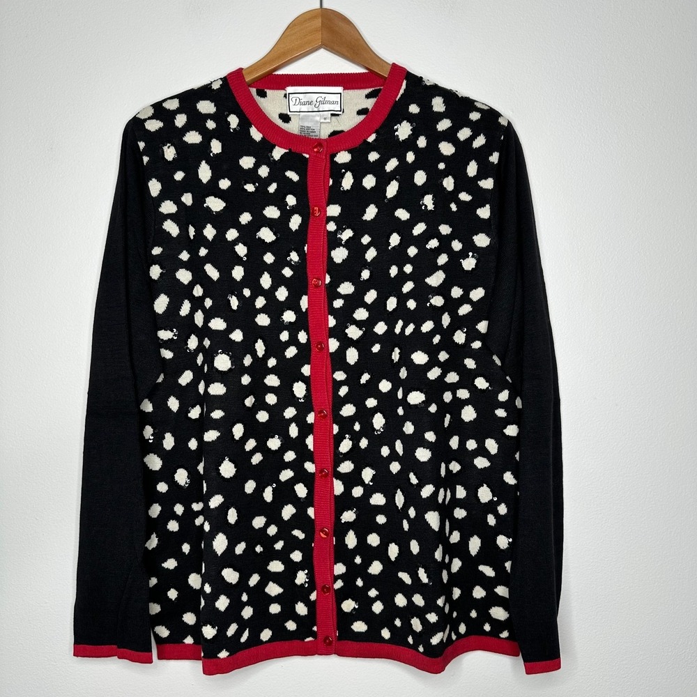 Diane Gilman Cardigan Sweater 1X Black Red Animal Print Sequin Silk Blend‎